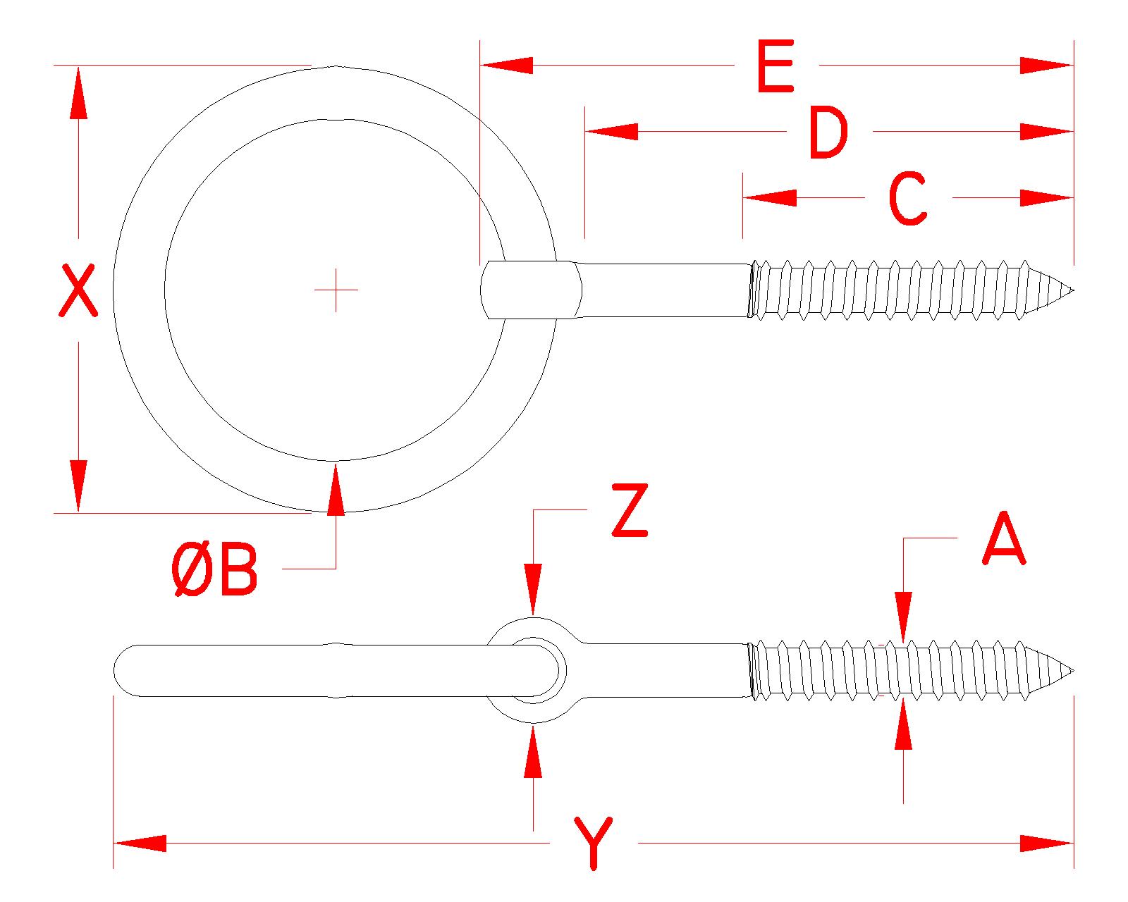 Stainless Steel Lag Ring Bolt, S0329-0, Line Drawing